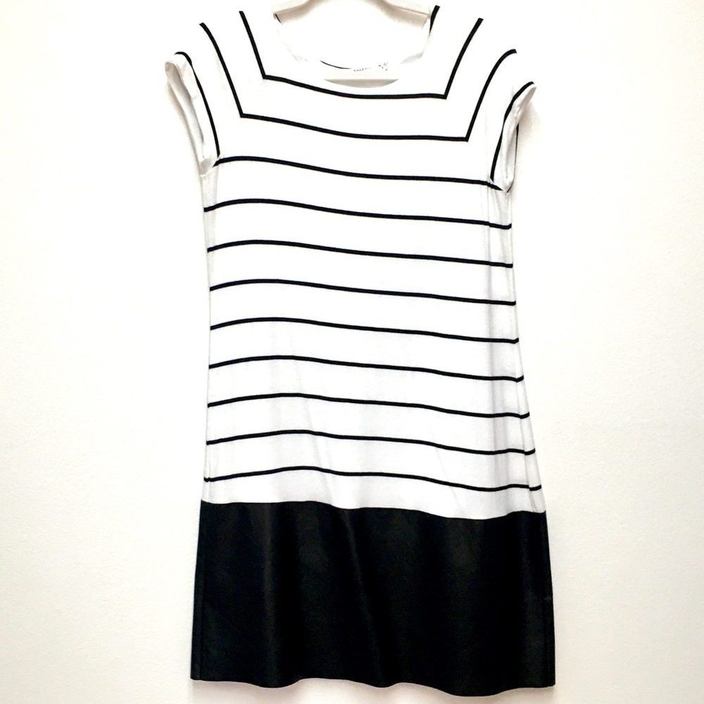 Bailey 44 Faux Leather Cotton Shift Dress Medium Stripe 60’s Vibe Casual Stretch